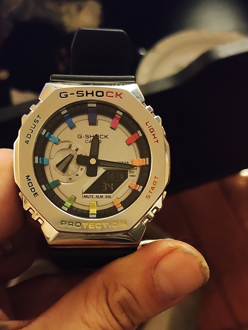 G-Shock Silver Watch with Rainbow Hour Markers and Black Strap